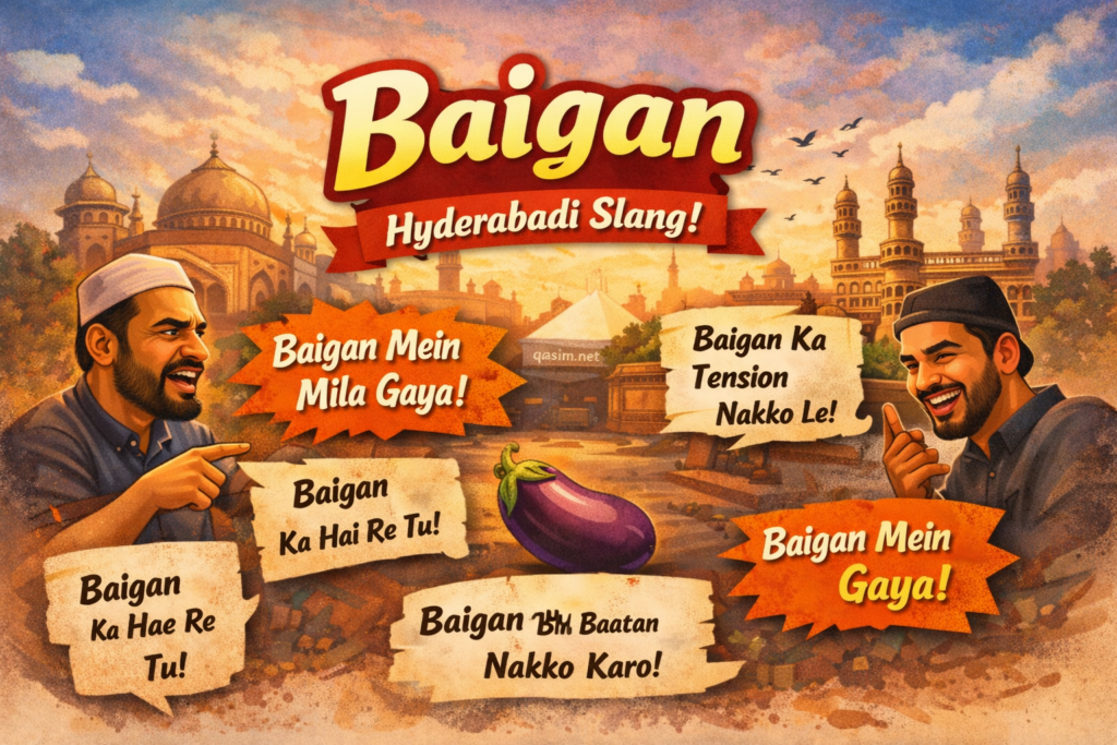 Hyderabadi slang Baigan featured image with Charminar, cartoon characters, and brinjal illustration qasim.net