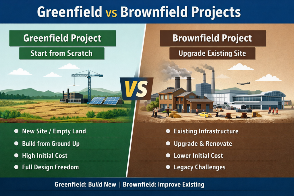 Greenfield project vs brownfield project comparison diagram qasim.net
