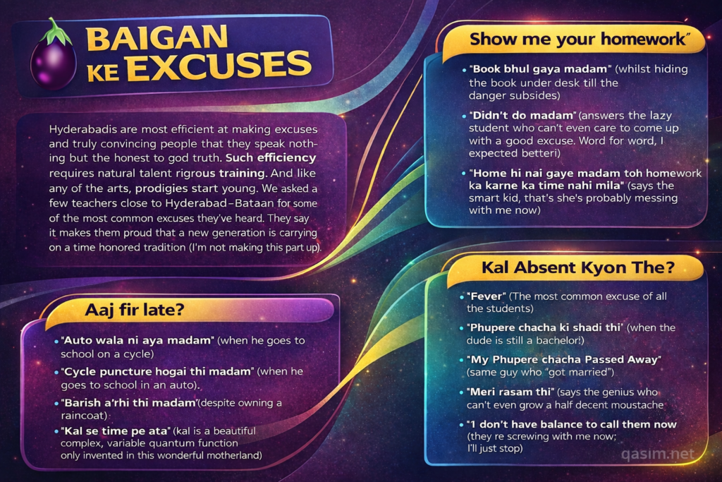 Baigan ke excuses modern infographic poster with funny Hyderabadi excuses for students qasim.net