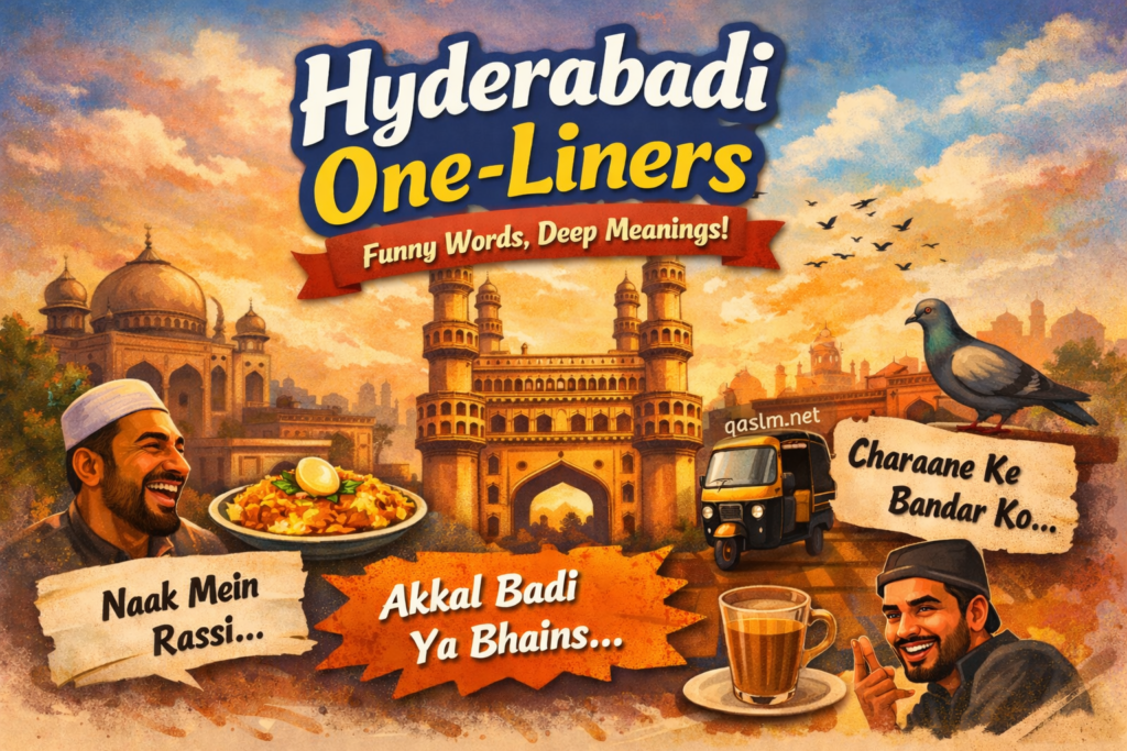 Illustrated Hyderabadi one-liners featuring Charminar, biryani, Irani chai, and auto rickshaw qasim.net
