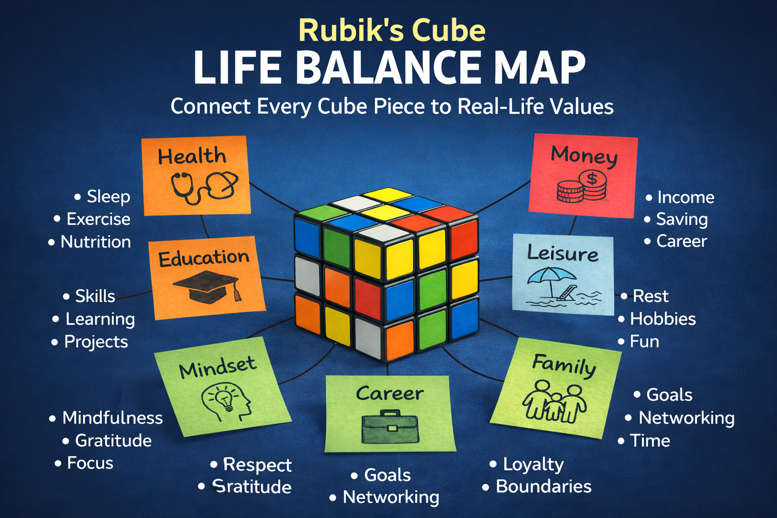 Rubik’s Cube Life Balance Map showing health, education, money, mindset, career, family and leisure connected to the cube. qasim.net