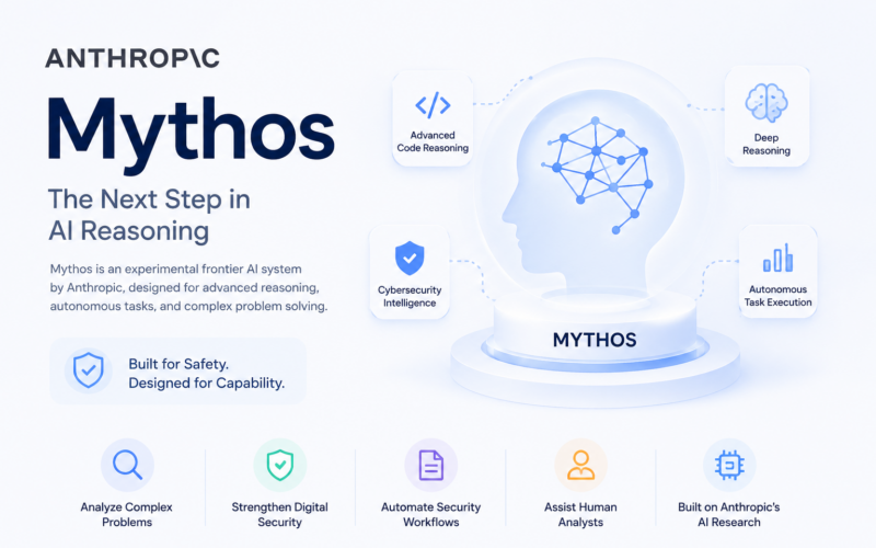 Mythos AI cybersecurity concept showing advanced artificial intelligence analyzing digital threats and code security