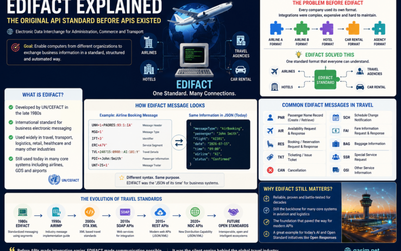 Diagram explaining EDIFACT messaging architecture used by airlines, travel agencies, Sabre, Amadeus, Galileo, and GDS systems to exchange standardized reservation, ticketing, and travel data before modern REST APIs and JSON.